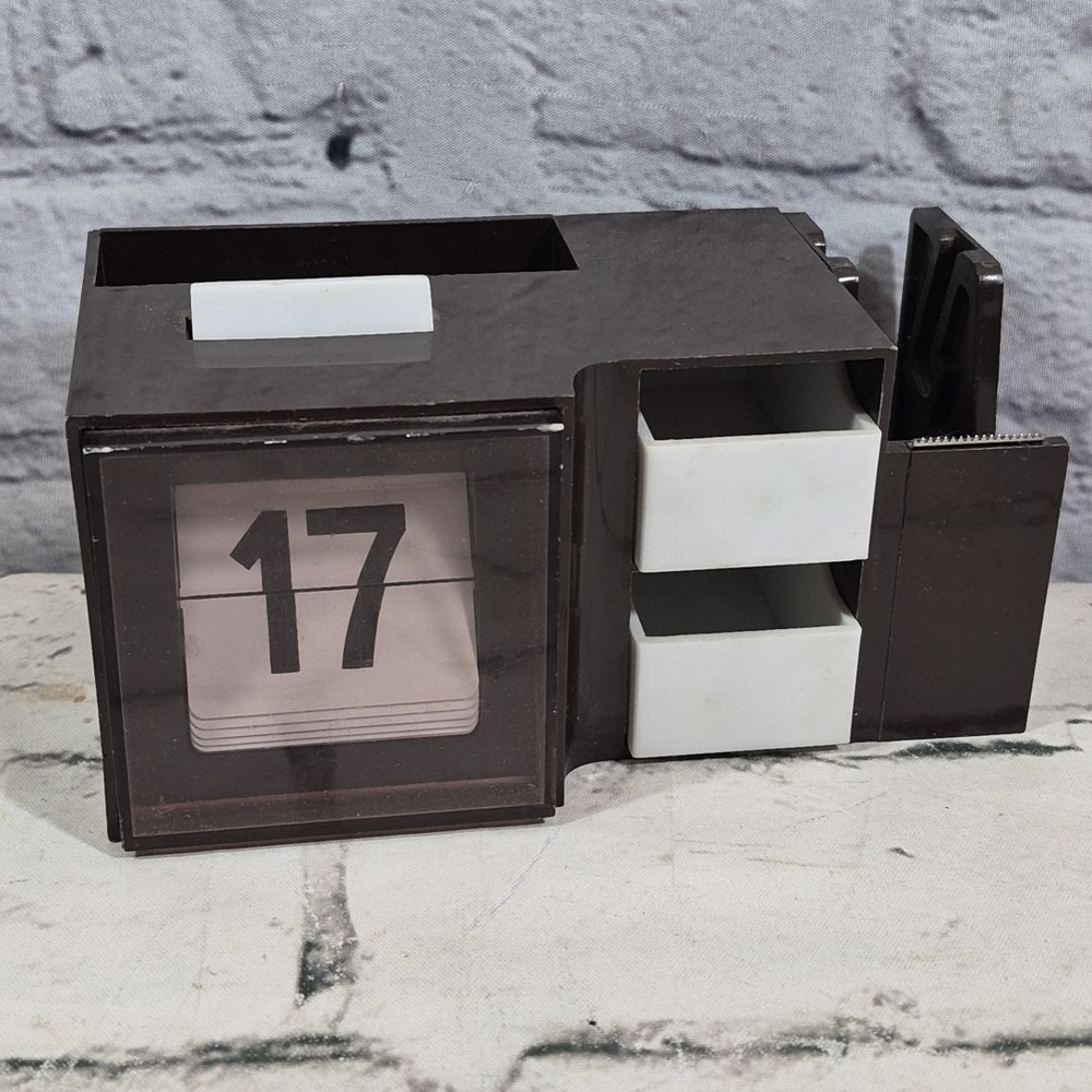 Vintage Perpetual Desk Calendar Clicker Tape Dispenser Desk Tray Hong Kong 1970s